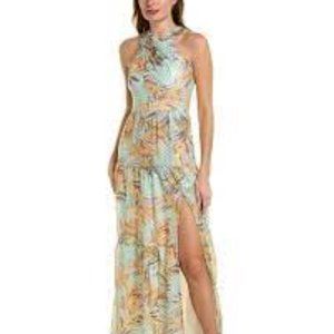 Aidan Mattox teal orange tiered maxi halter metallic gold dress size 4